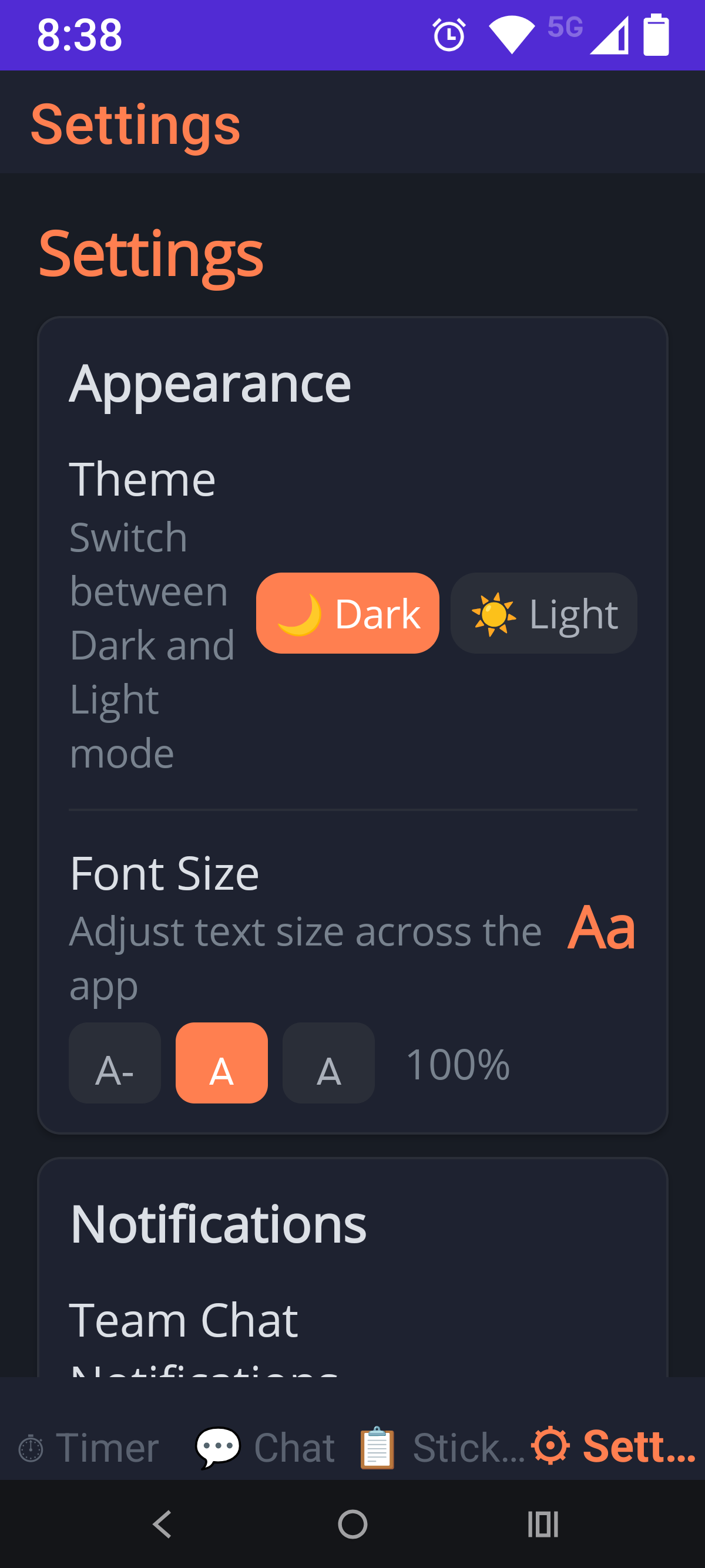Work Flow Mobile App — Settings Screen