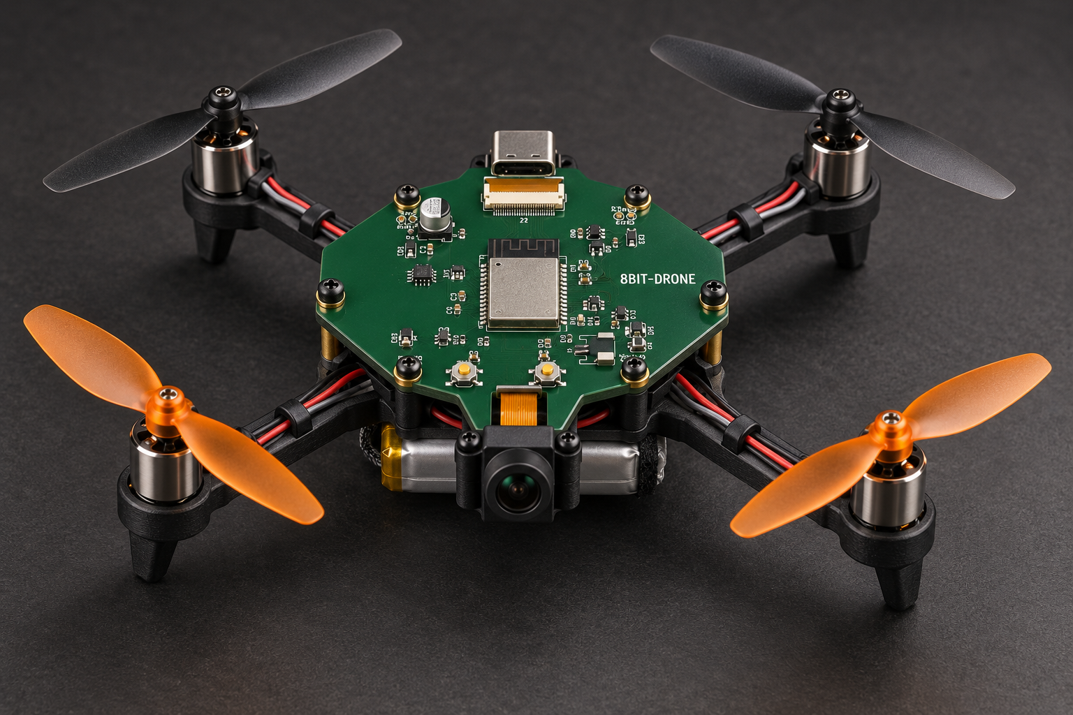 AI-assisted concept visualization of an assembled 8Bit-Drone quadcopter with populated green controller PCB, four propellers, front camera and underside battery
