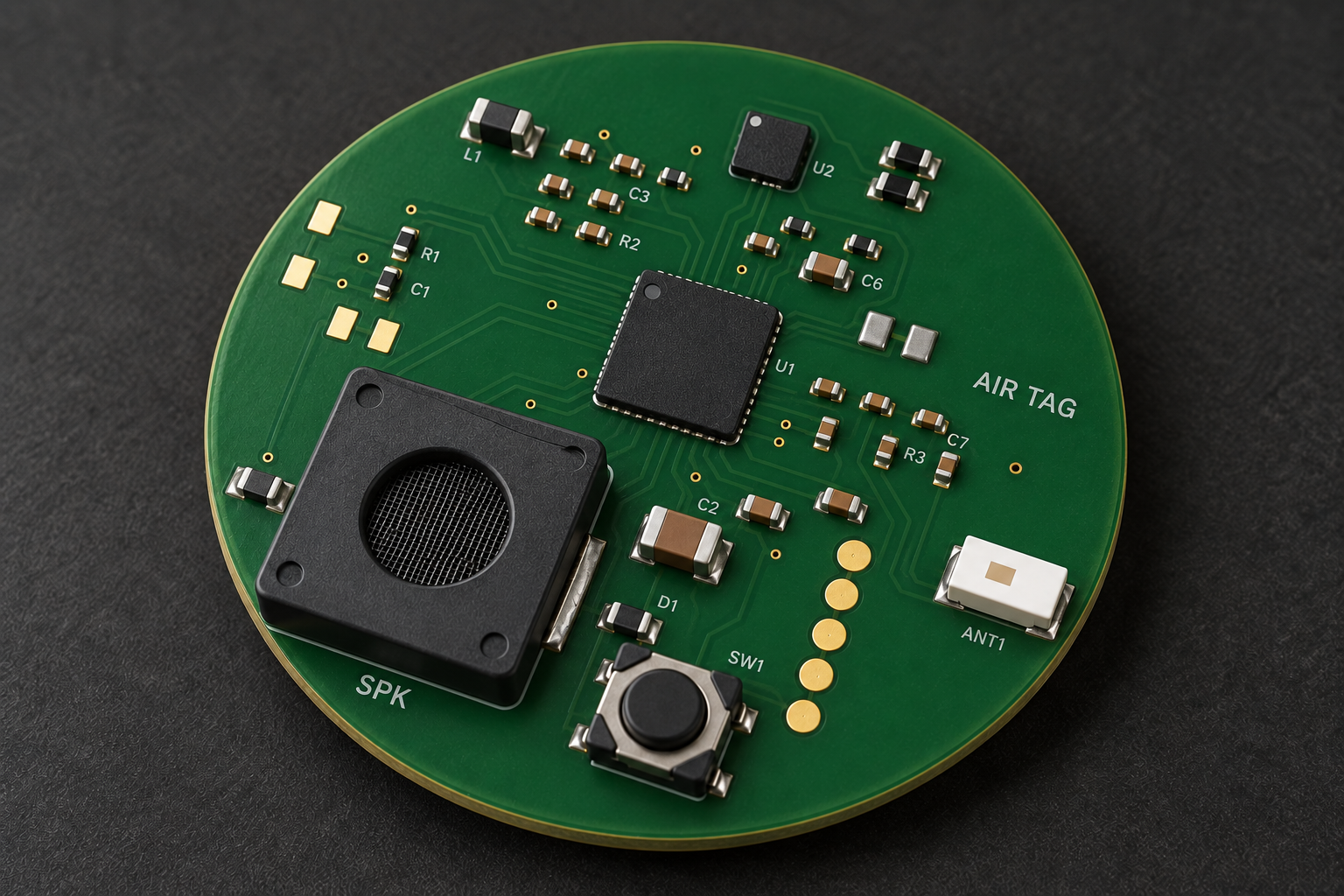 AI-assisted Air Tag PCB concept with subtle chamfered traces, leadless chip packages, compact piezo speaker and gold test pads