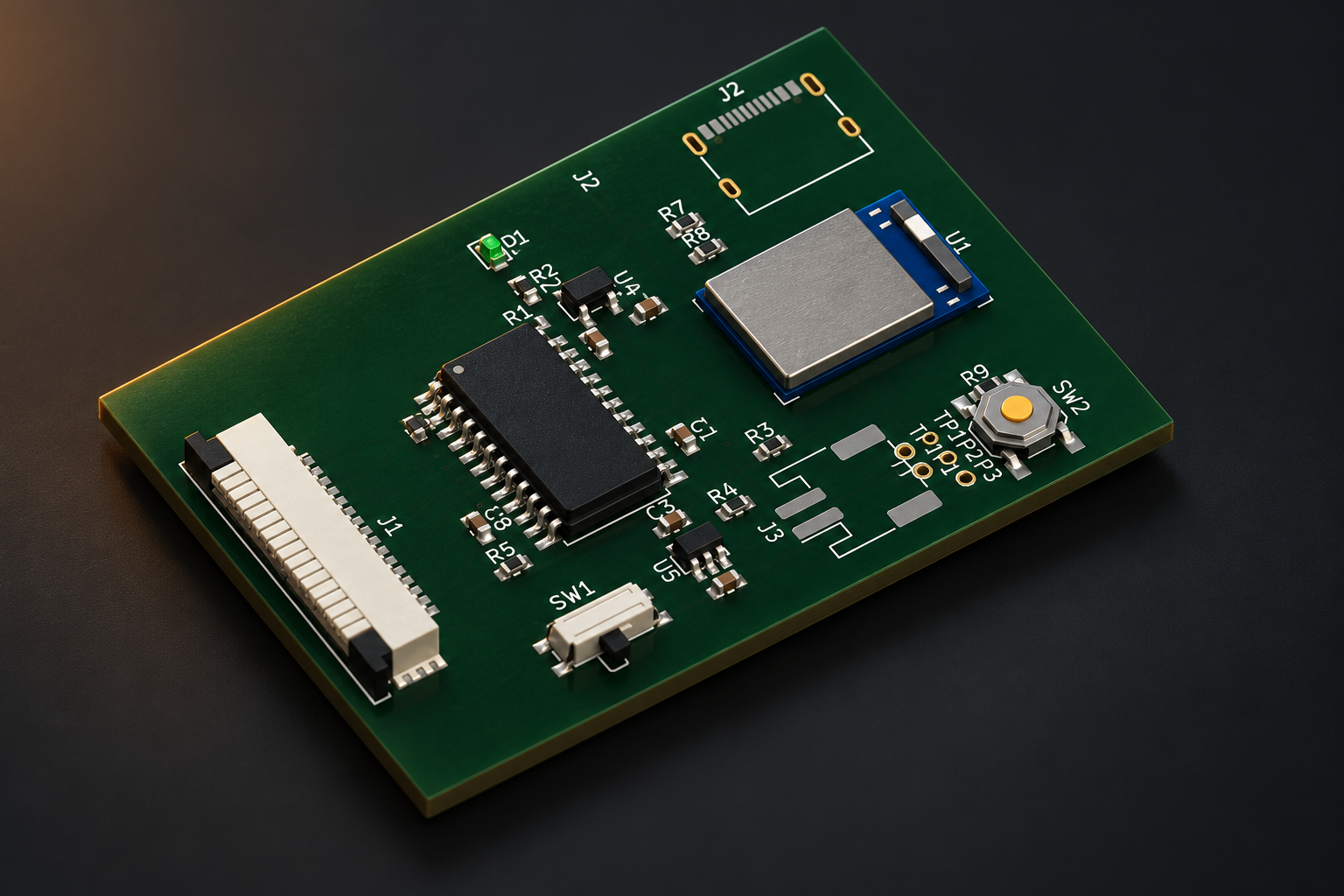 Presentation visualization of the Foot Force wireless sensor-controller PCB based on the original CAD render