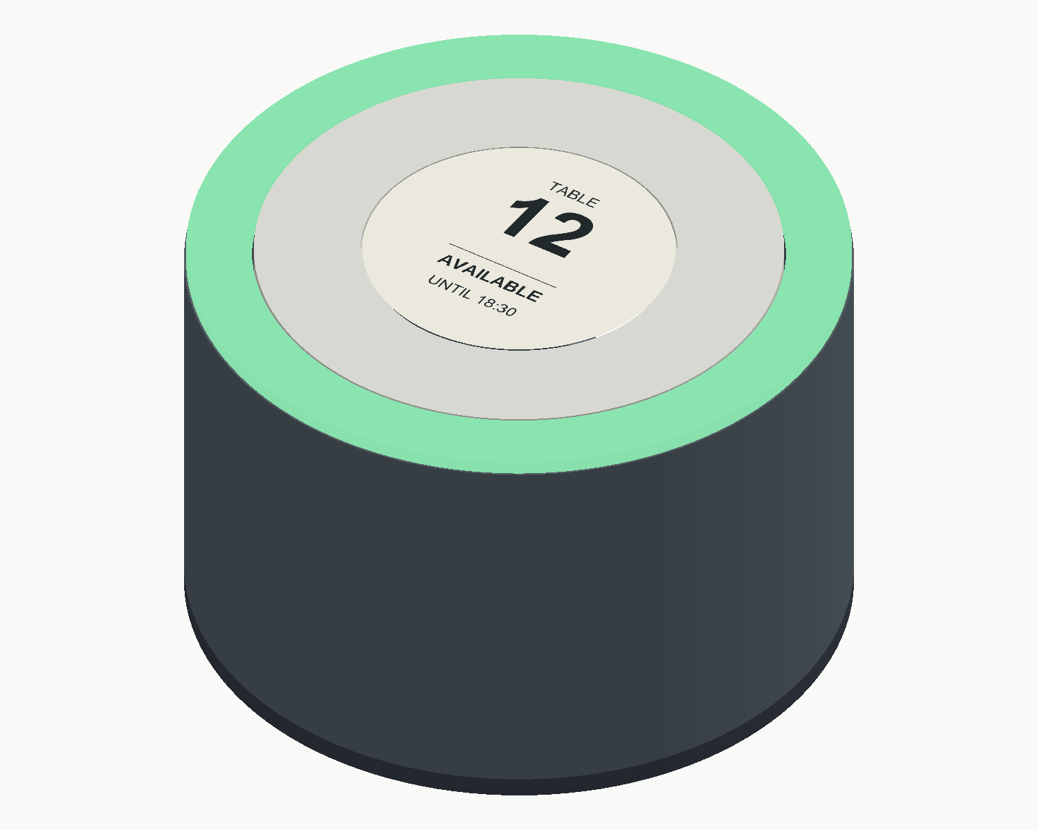CAD concept of the round PickPlace table device with central e-paper display showing Table 12 and an illustrative green status-light ring